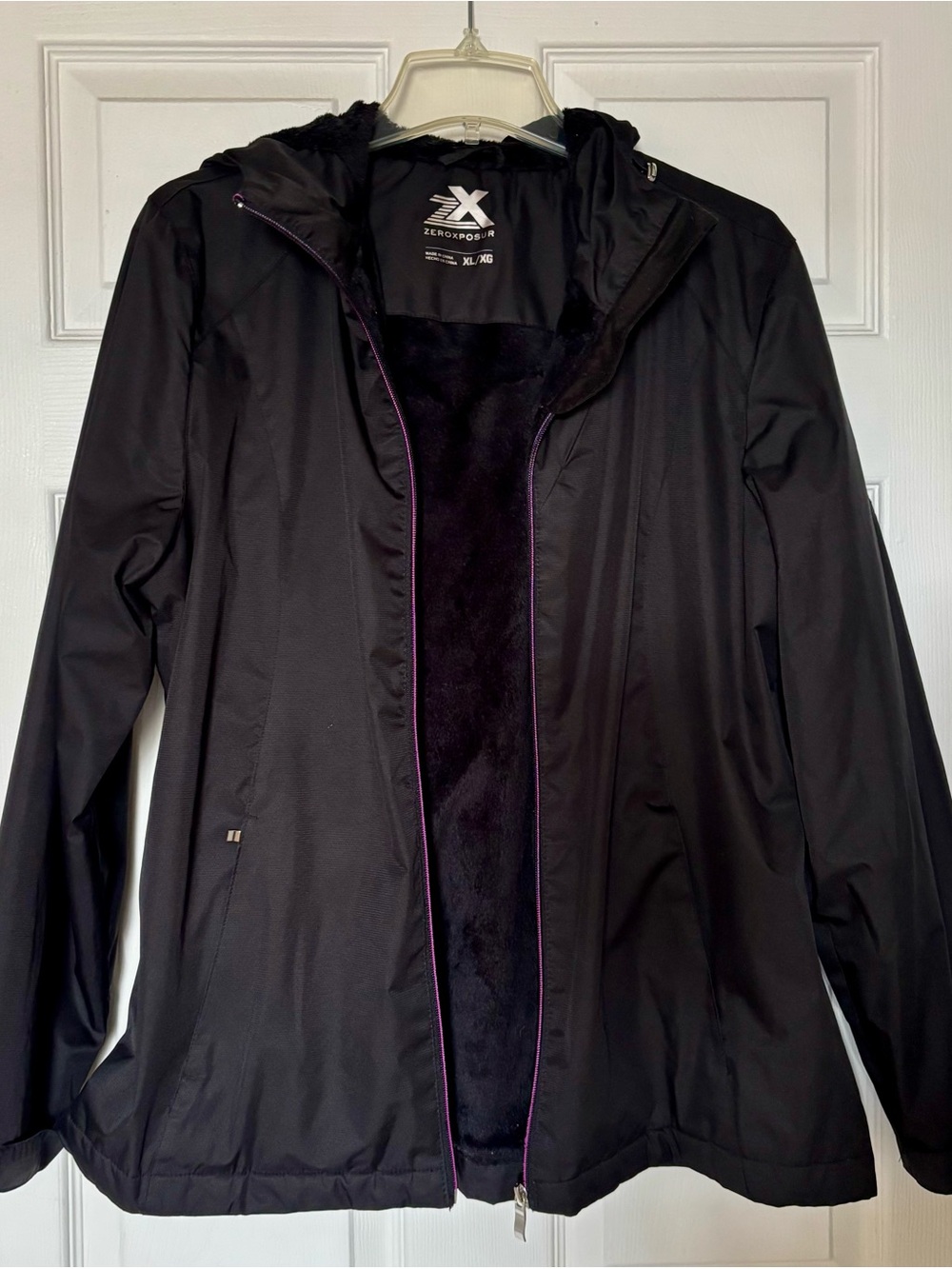 ZeroXposur Women's Black Hooded Utility Jacket with Purple Trim, size XL